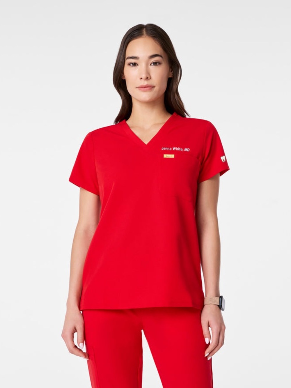 FIGS Women's Catarina One-Pocket Scrub Top pop red color size Large
